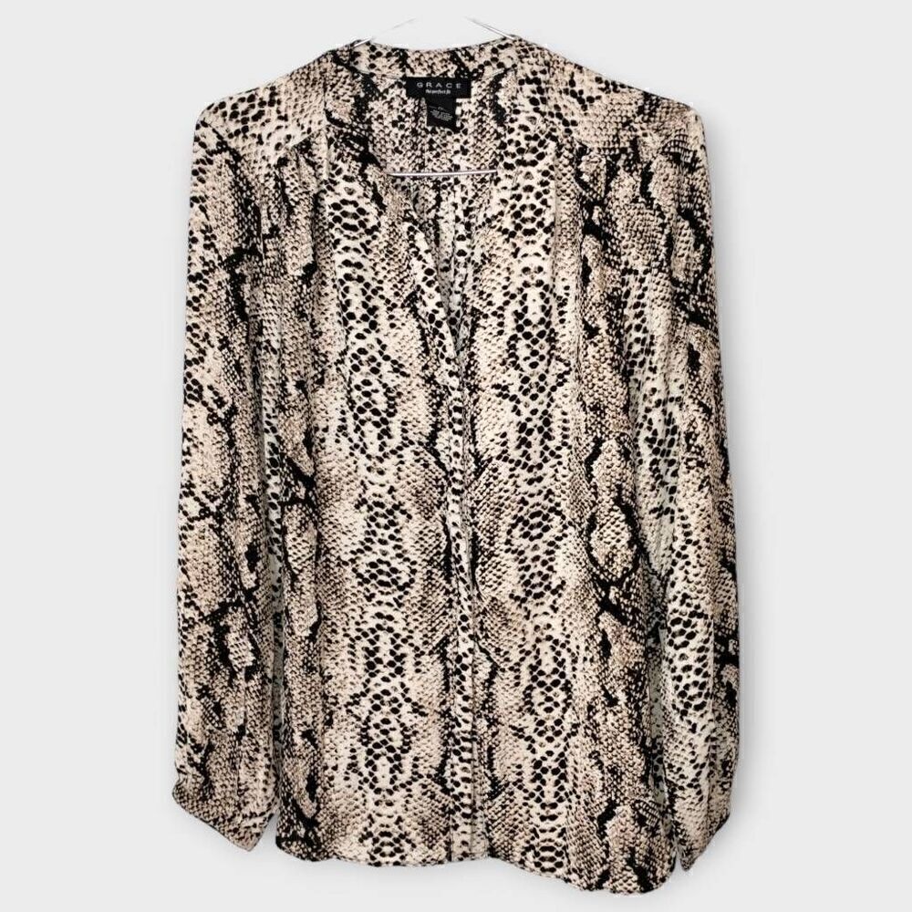 Grace Womens Blouse Sz XL Brown Black Animal Print  Chiffon Long‎ Sleeves Top
